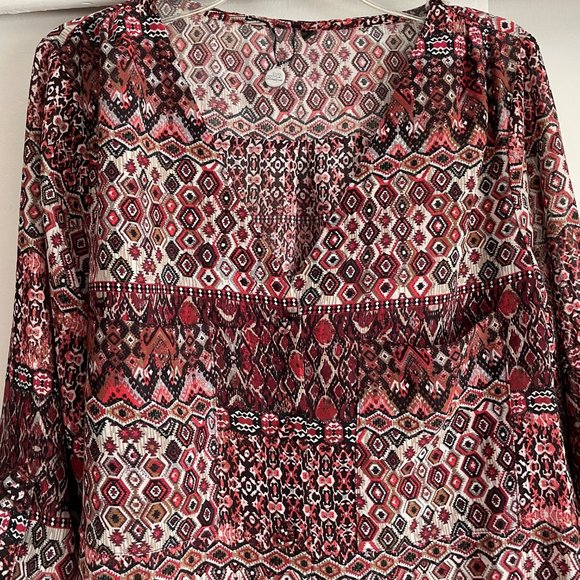 BKE Geo Print Long Tab Sleeve V-Button Down Boho Semi Sheer Peasant Blouse Top S - Picture 2 of 9